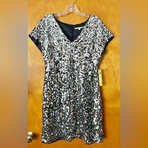 NWT Gianna Bini Black Satin Silver Sequin Party Dress Size 8 $168